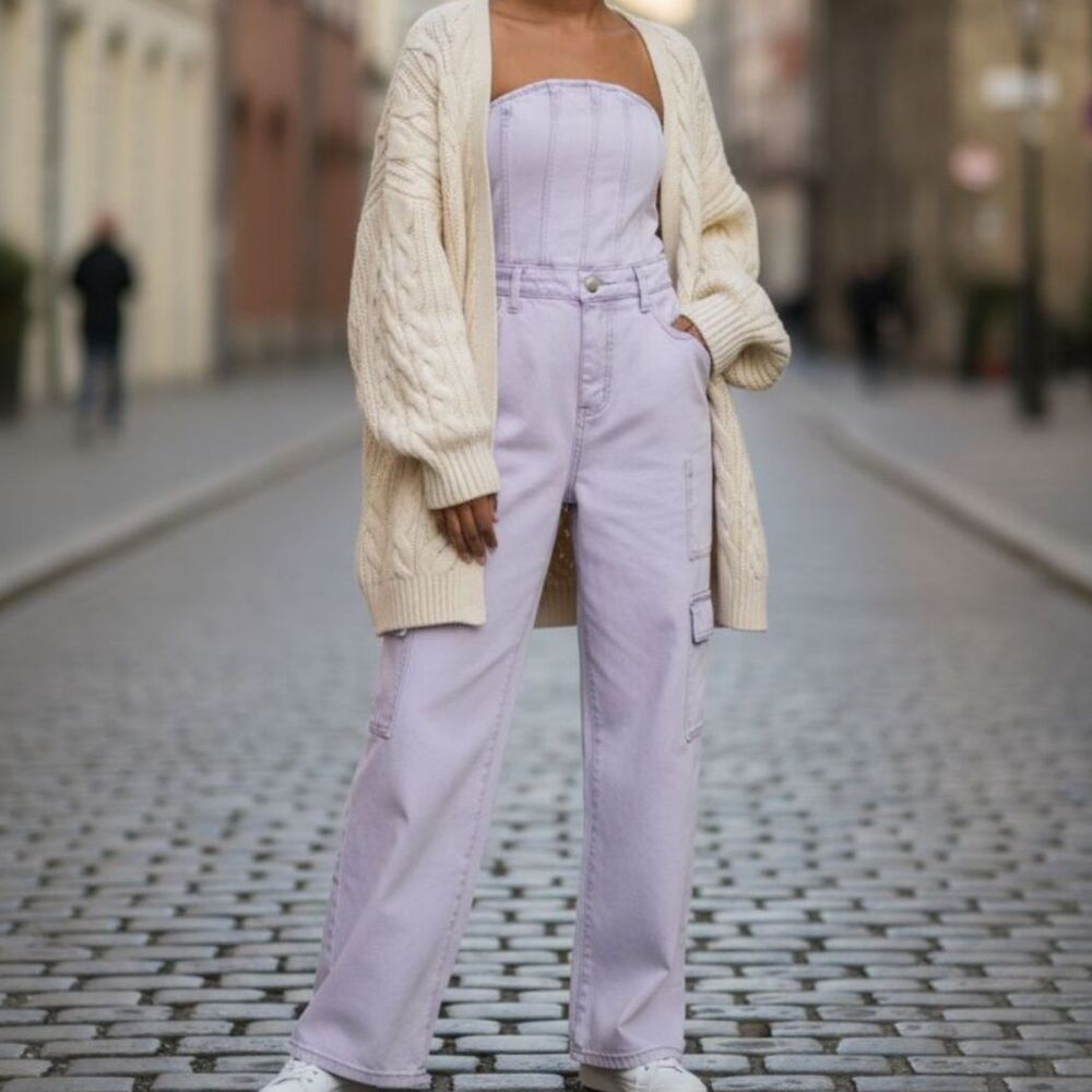 Wild Fable Tube Cargo Wide-Leg Denim Jumpsuit Women's Small Stone Wash Lavender